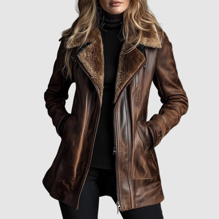 Women's Leather Jacket with Shearling Fur Collar and Zip Closure
