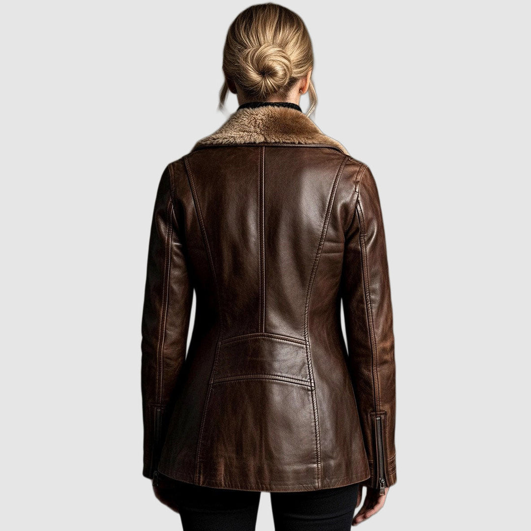 Women's Leather Jacket with Shearling Fur Collar and Zip Closure