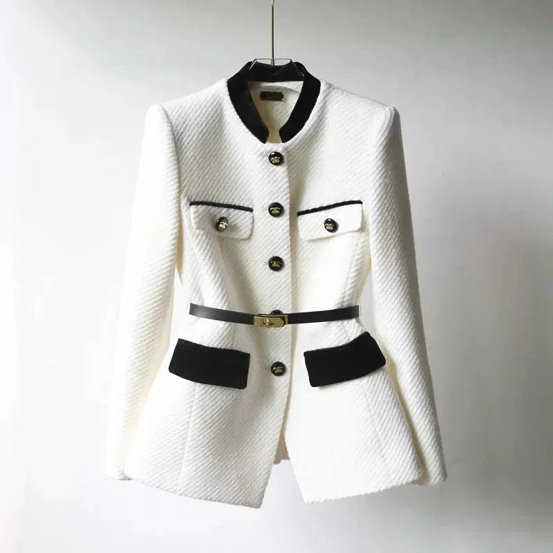 Tweed Belted Blazer for Women White