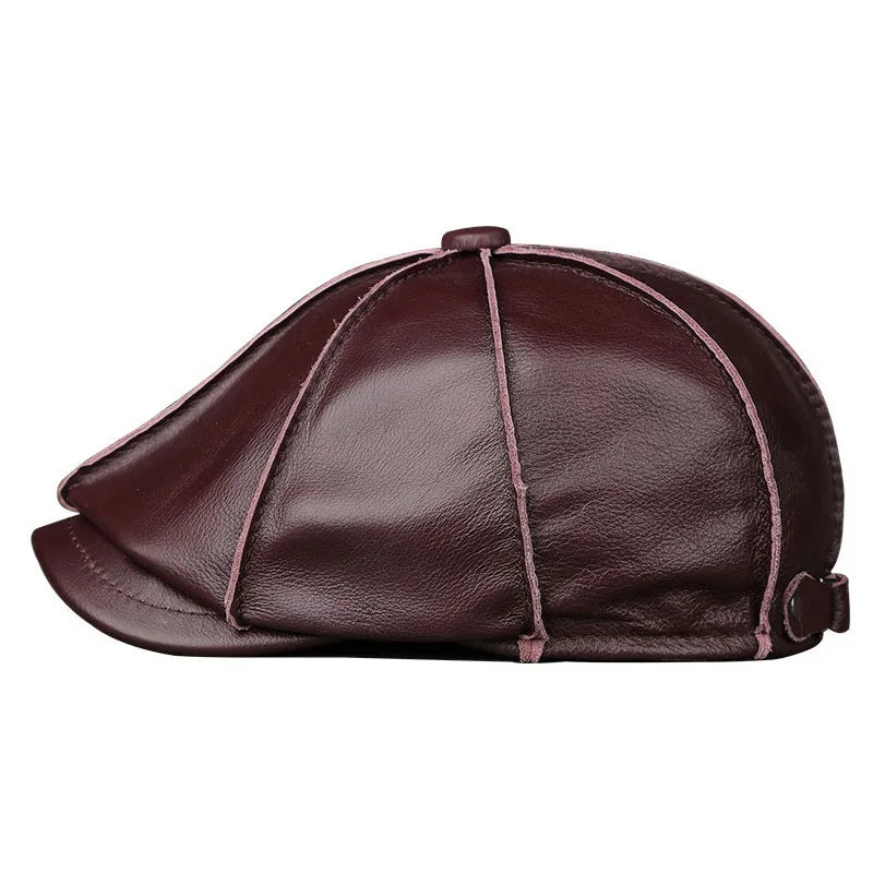 Authentic Cowhide Leather Octagonal Cap – Warm & Adjustable for Men