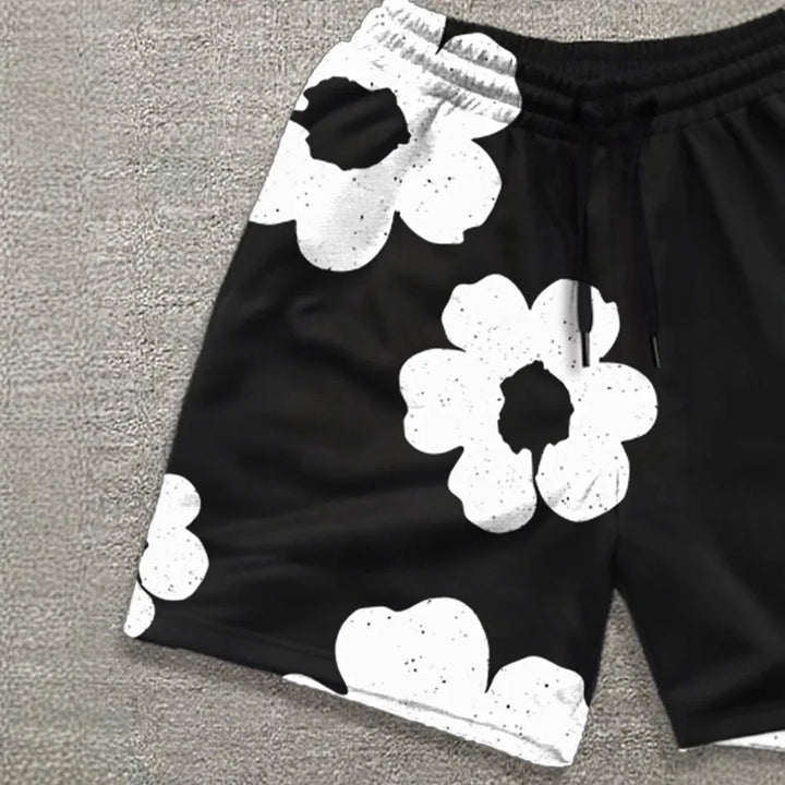Men's Casual Sports Printed Summer Shorts - Black & White Floral