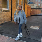 Thermal O Neck Jacket for Women With Pockets Warm Coat Blue