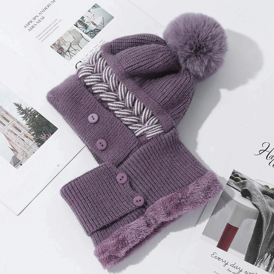 Cozy Fur-Lined Pompom Beanie Light Purple 55cm-58cm