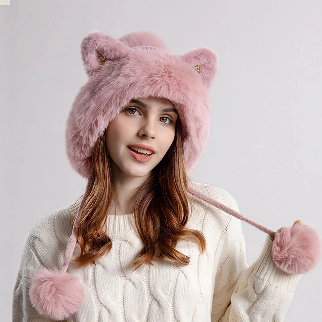Cat Ear Pom-Pom Ear Flap Trapper Hat for Women – Cozy Winter Warmth-MODAUTLET