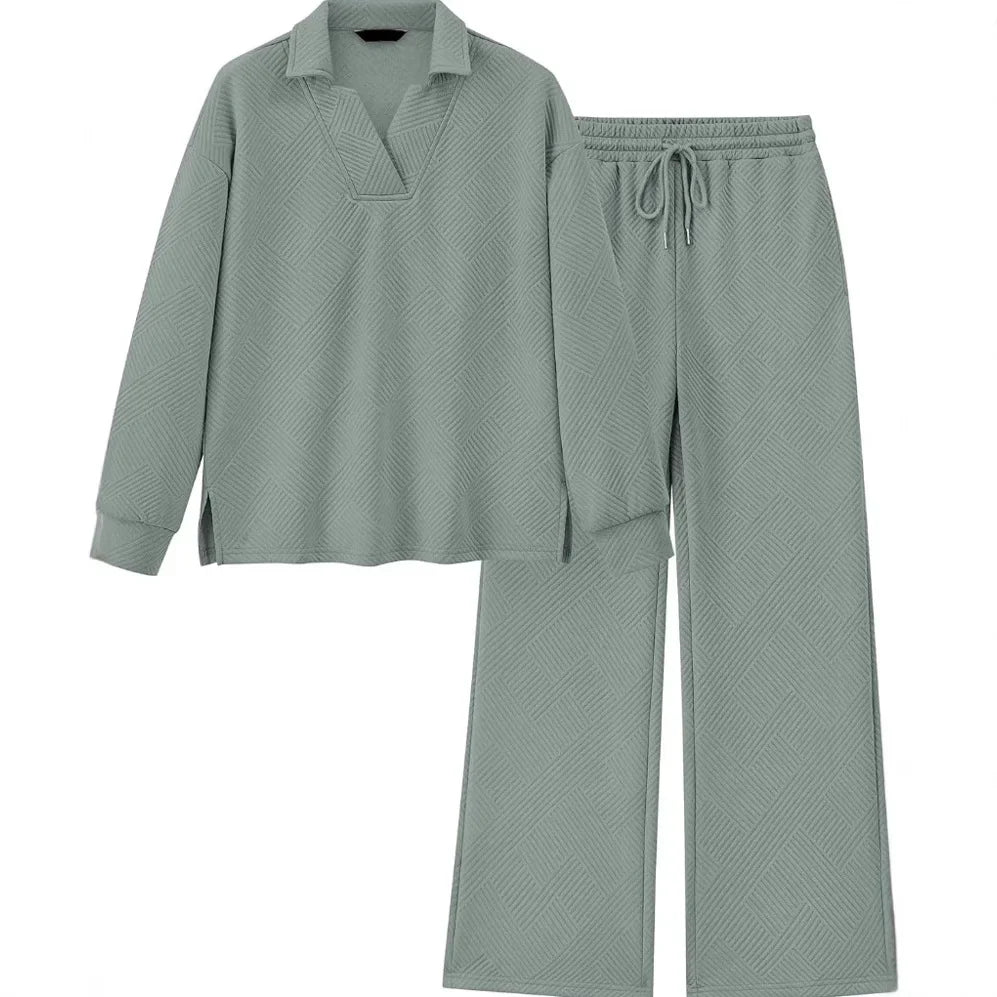 Mireya Textured V‑Neck Lounge Two‑Piece Set-MODAUTLET