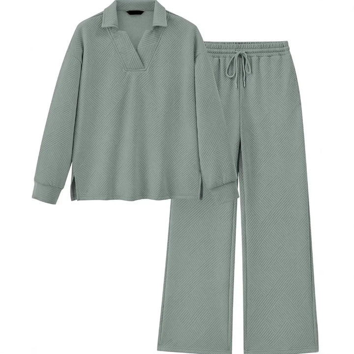 Mireya Textured V‑Neck Lounge Two‑Piece Set-MODAUTLET