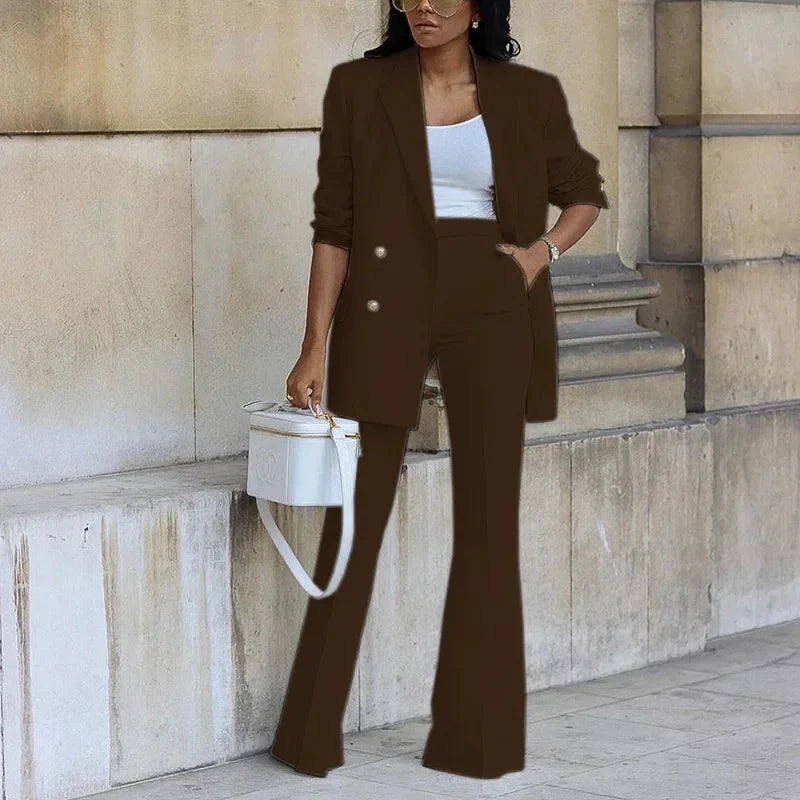 Women's Elegant Double-Breasted Blazer and Flared Trousers Set - Tailored Formal Outfit Coffee