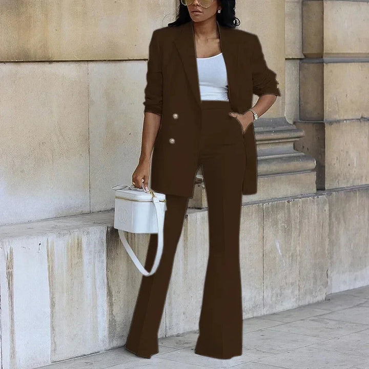 Women's Elegant Double-Breasted Blazer and Flared Trousers Set - Tailored Formal Outfit-MODAUTLET