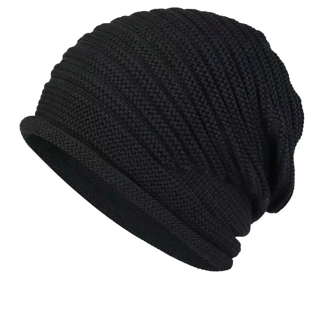 Unisex Autumn Winter Knitted Wool Roll-Brim Beanie Black