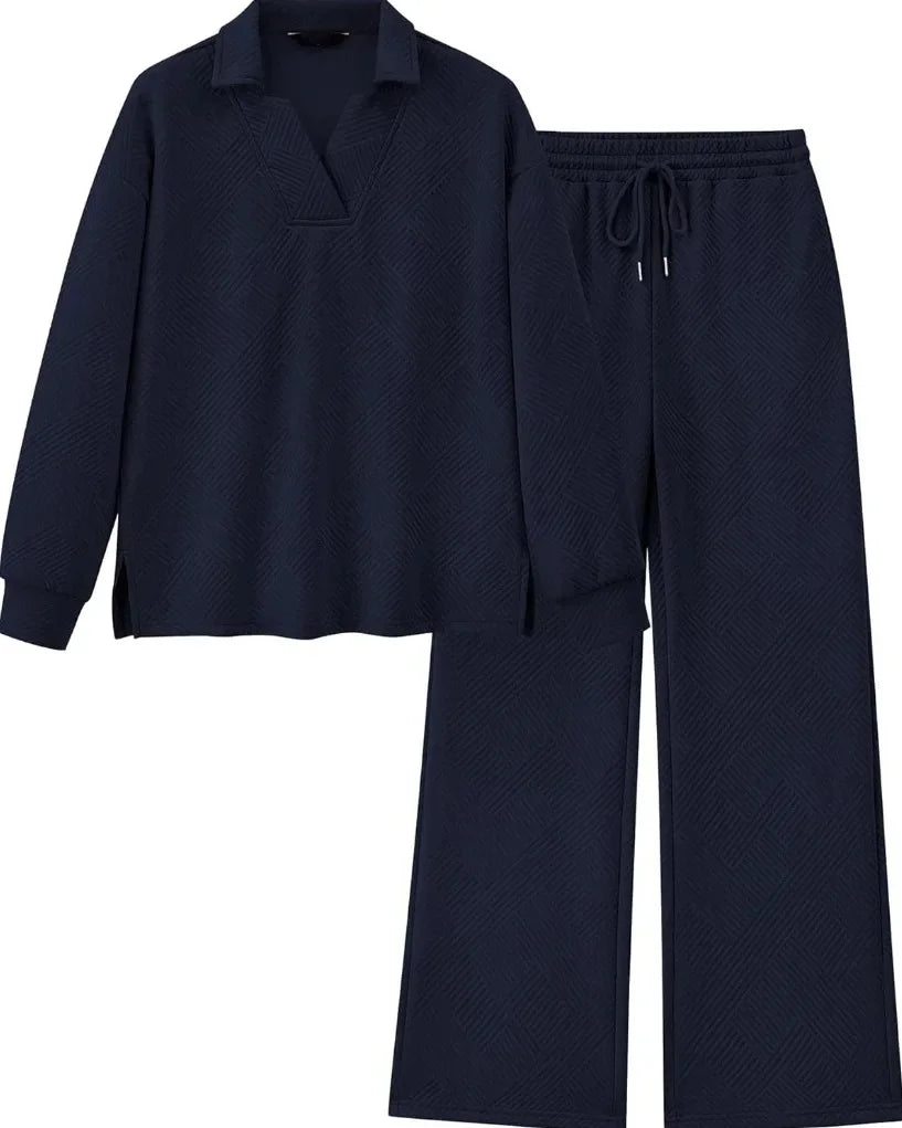 Mireya Textured V‑Neck Lounge Two‑Piece Set-MODAUTLET