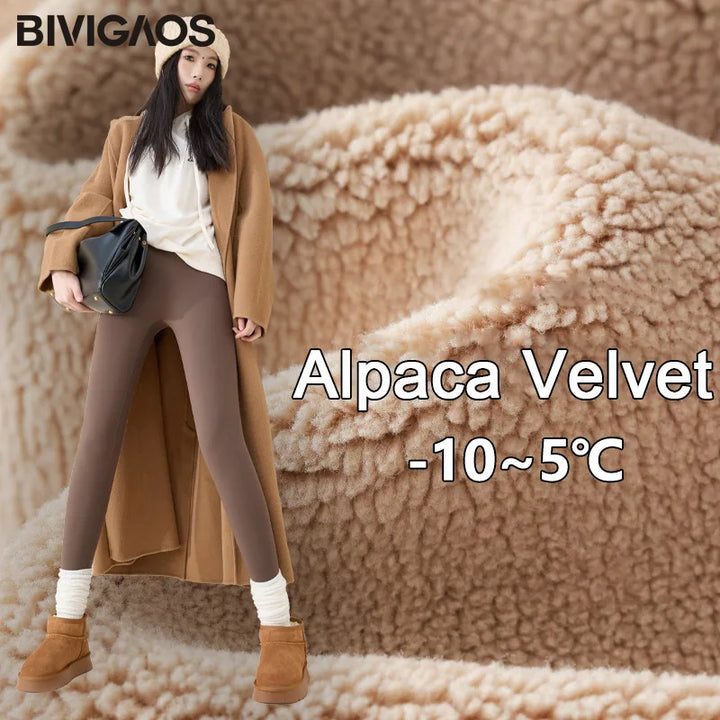 Women's High Waist Fleece Shark Skin Leggings - Cozy & Slimming Fit Alpaca Velvet-Coffee