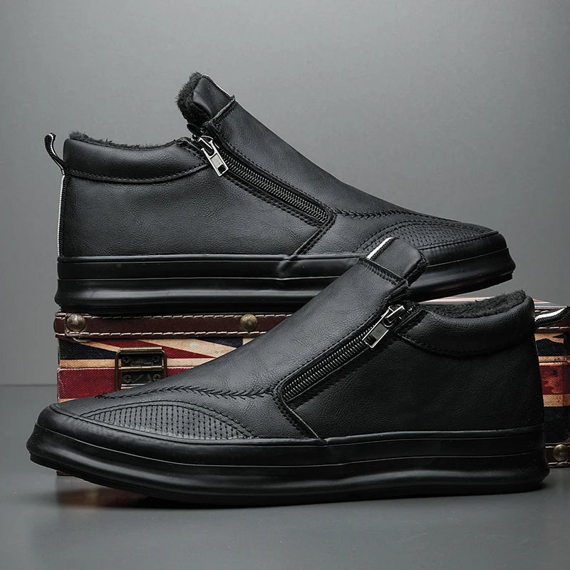 Men's Plush-Lined Non-Slip Leather Sneakers-MODAUTLET