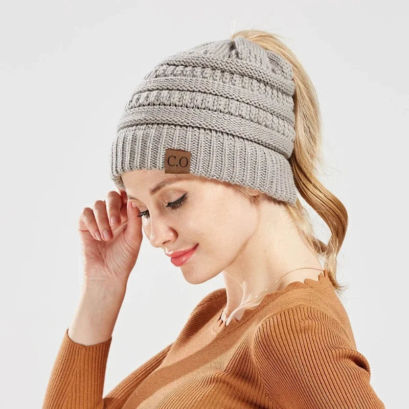 Cozy Stretch Knit Messy Bun Beanie