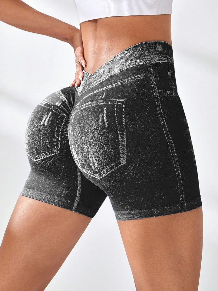 Women's V Back Faux Jeans Workout Shorts for Fitness and Yoga
