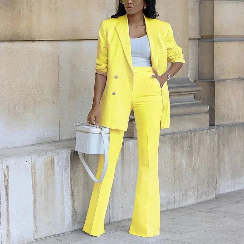 Women's Elegant Double-Breasted Blazer and Flared Trousers Set - Tailored Formal Outfit Yellow