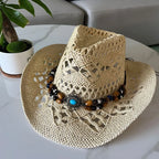 Bohemian Straw Cowboy Hat with Wooden Beads – Perfect for Sun Protection light khaki M (56-58cm)