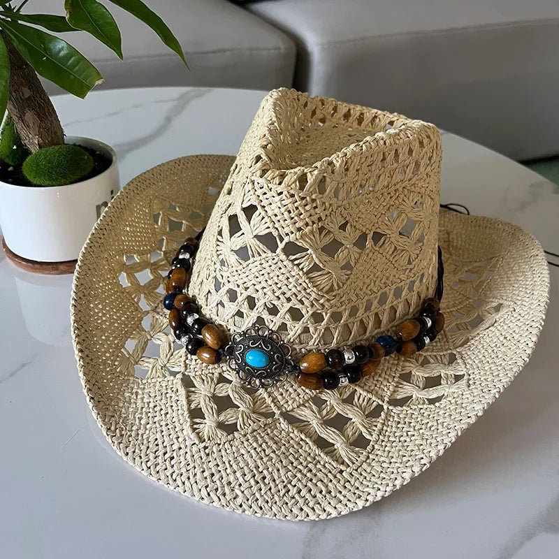Bohemian Straw Cowboy Hat with Wooden Beads – Perfect for Sun Protection light khaki M (56-58cm)