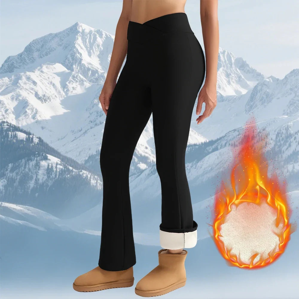 Women's Thick Flared Fleece Leggings High Waist Thermal Tights 700Black