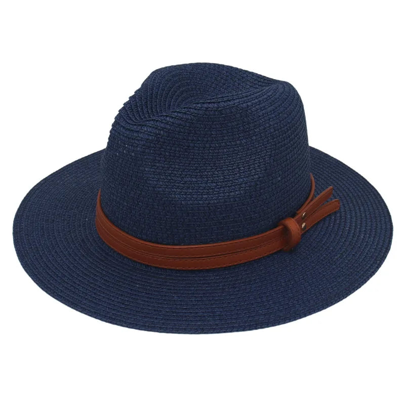 Breathable Straw Panama Sun Hat With Wide Brim Protection Navy Blue