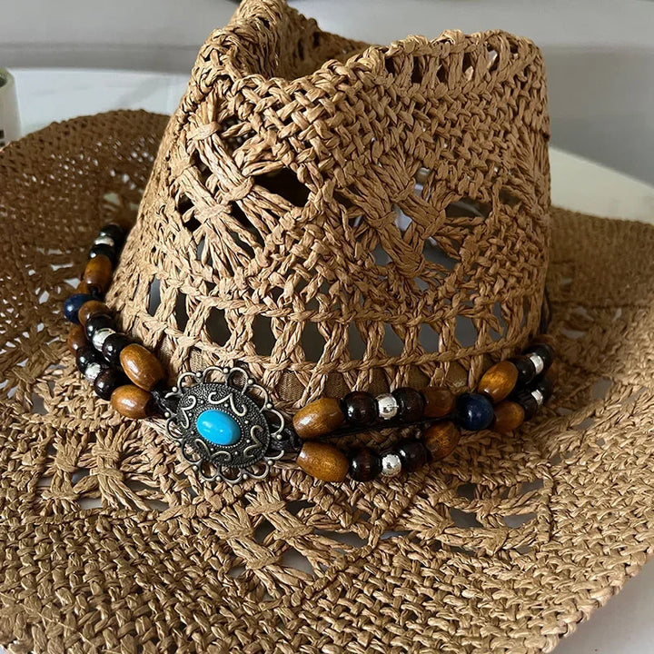Bohemian Straw Cowboy Hat with Wooden Beads – Perfect for Sun Protection-MODAUTLET