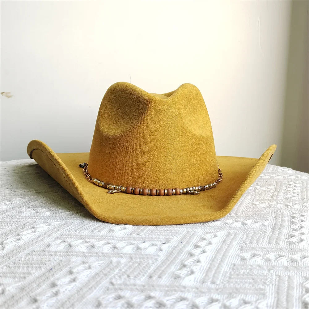 Adjustable Suede Wide-Brim Cowboy Fedora Hat-MODAUTLET