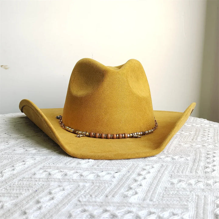 Adjustable Suede Wide-Brim Cowboy Fedora Hat-MODAUTLET