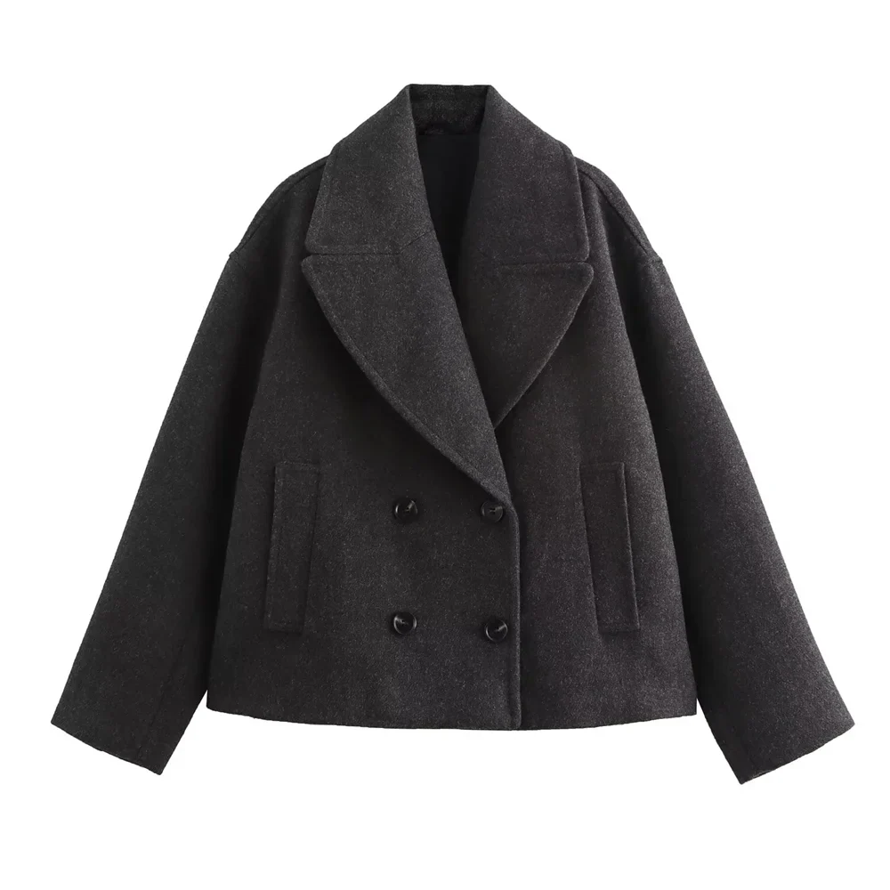 Double-Breasted Wool-Collar Women's Coat – Stylish Autumn Essential Black
