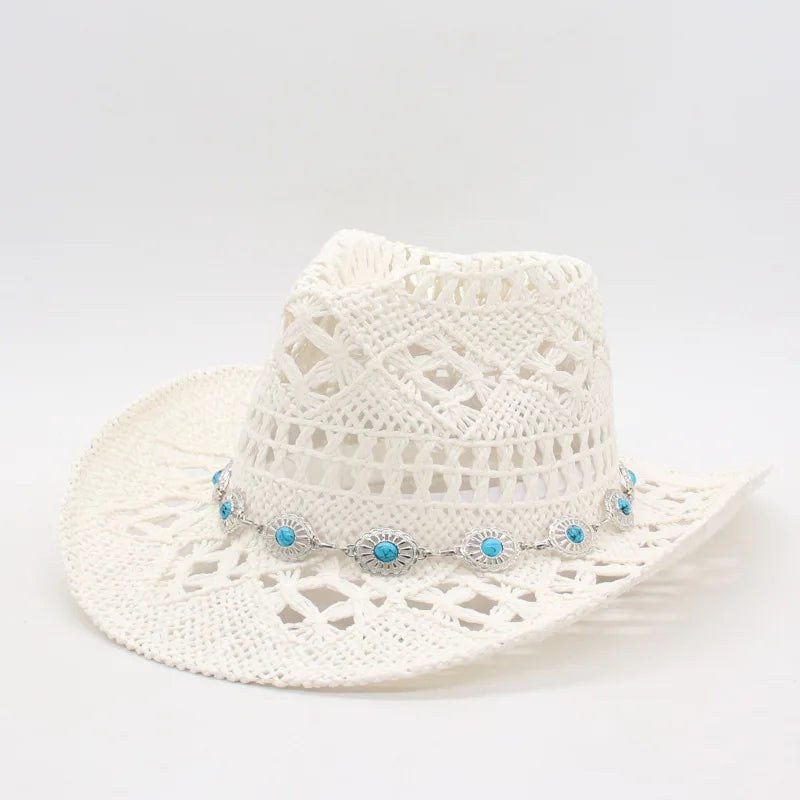 Bohemian Straw Cowboy Hat with Wooden Beads – Perfect for Sun Protection white 5 M (56-58cm)