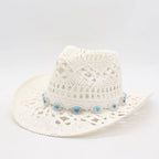 Bohemian Straw Cowboy Hat with Wooden Beads – Perfect for Sun Protection white 5 M (56-58cm)