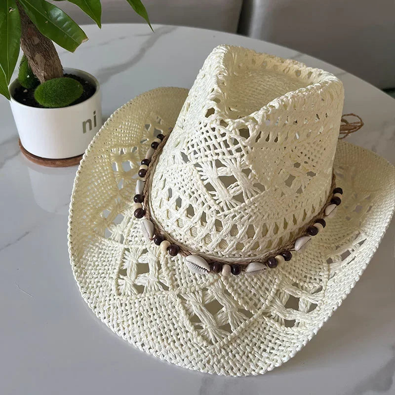 Bohemian Straw Cowboy Hat with Wooden Beads – Perfect for Sun Protection beige shell M (56-58cm)