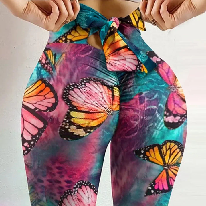 Women's High Waist Butterfly Print Yoga Leggings for Fitness green