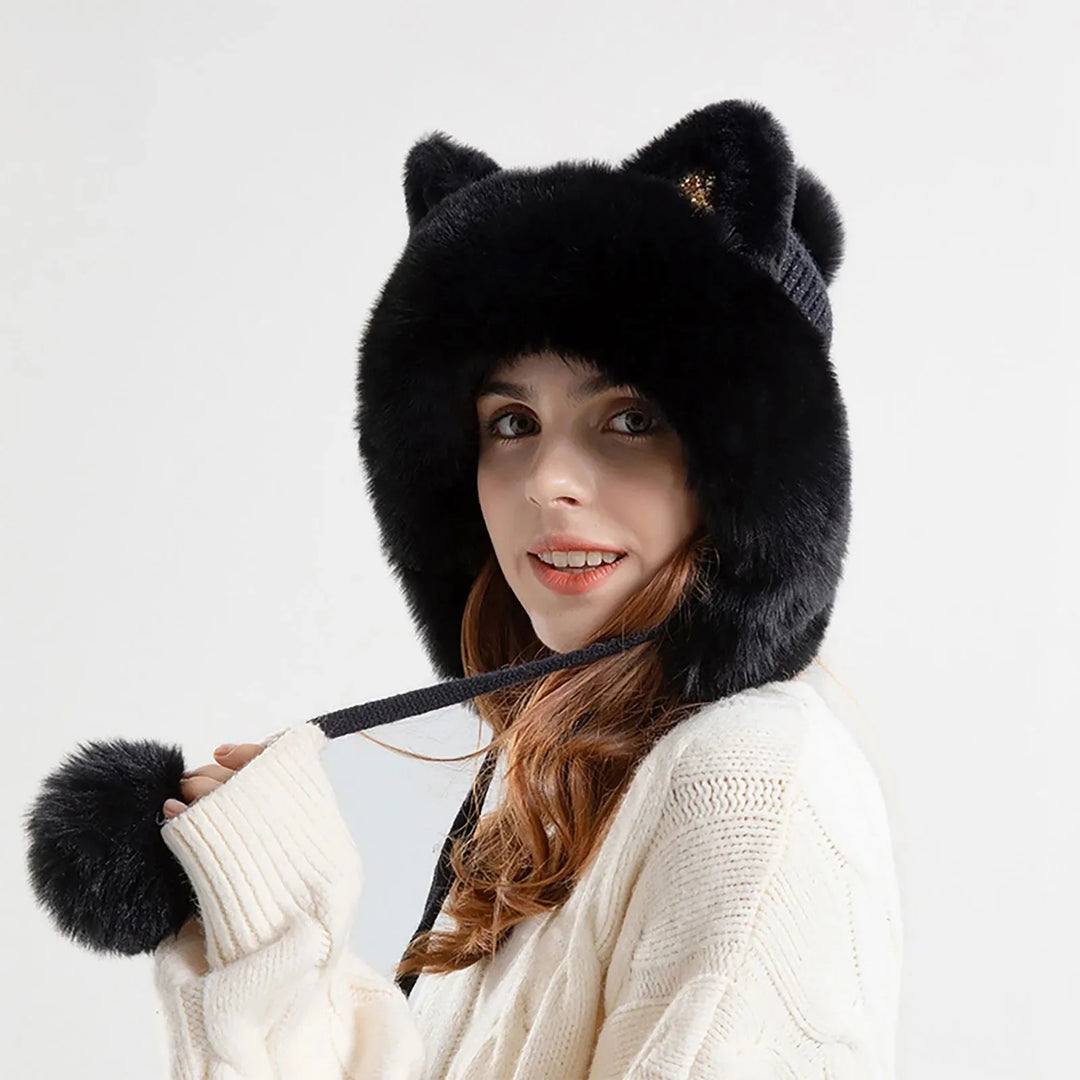 Cat Ear Pom-Pom Ear Flap Trapper Hat for Women – Cozy Winter Warmth-MODAUTLET