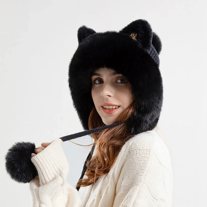 Cat Ear Pom-Pom Ear Flap Trapper Hat for Women – Cozy Winter Warmth-MODAUTLET