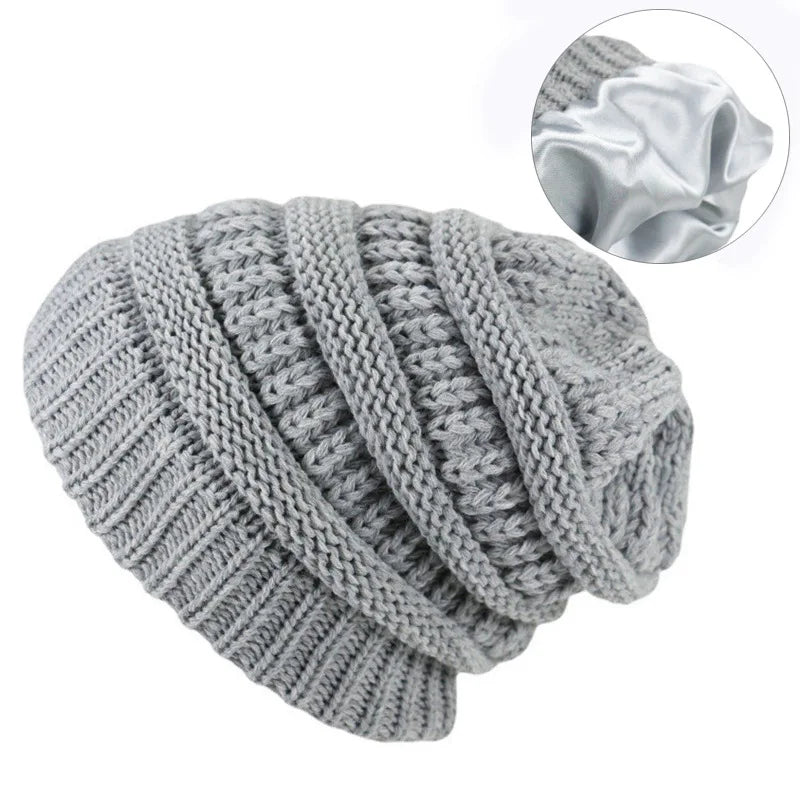Cozy Satin-Lined Knit Beanie Gray One-size