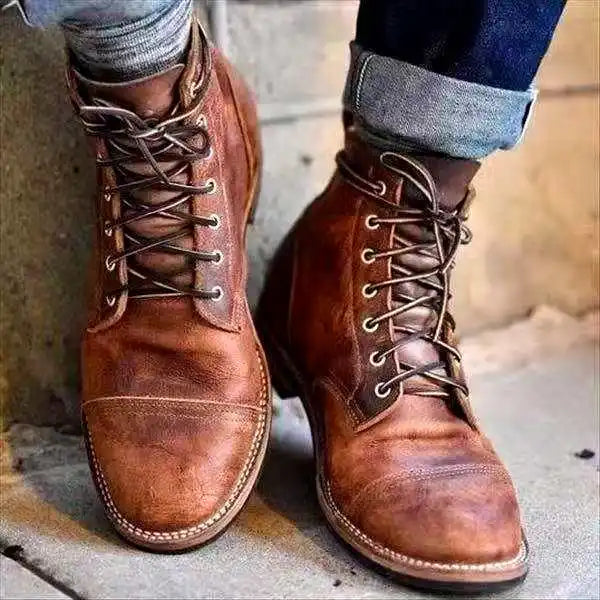 Mens Leather Lace Up Ankle Boots Durable Everyday Wear Brown