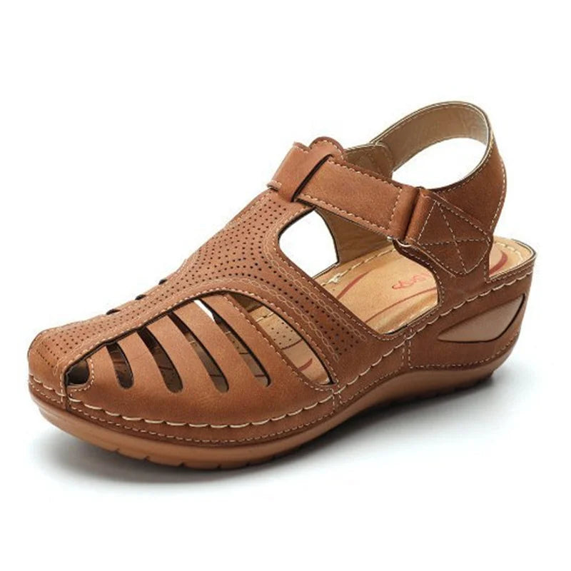 Women's Vintage Orthopedic PU Leather Sandals for Summer Dark brown