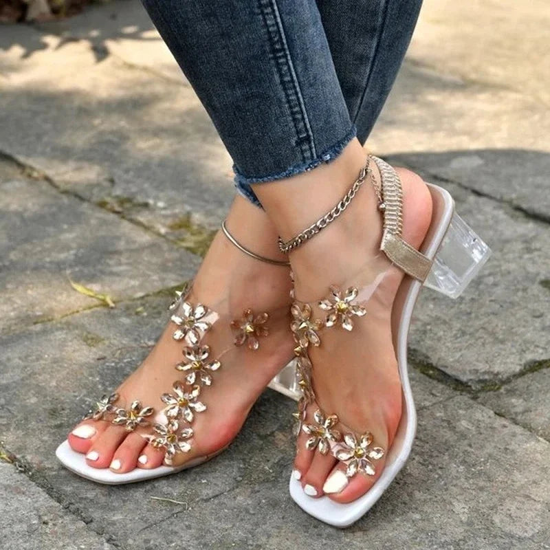Women's Flower Rhinestone Heel Sandals Gold