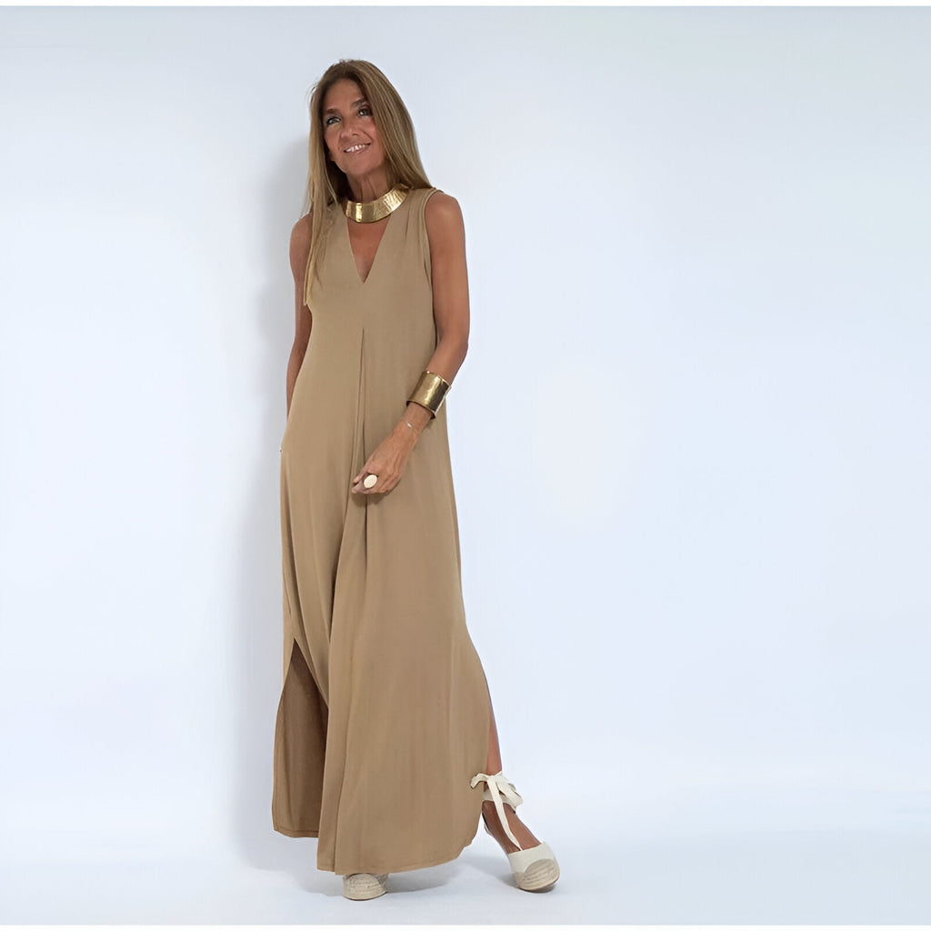 Elegant Long Dress with Free Cardigan Coffee