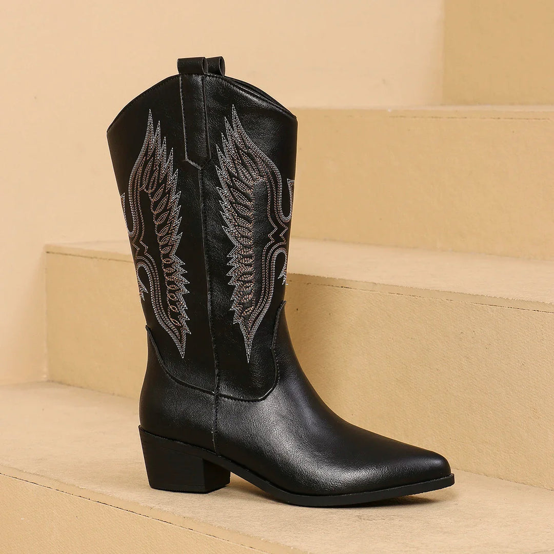 Fashion Pointy Toe Embroidered Mid-Calf Western Boots-MODAUTLET