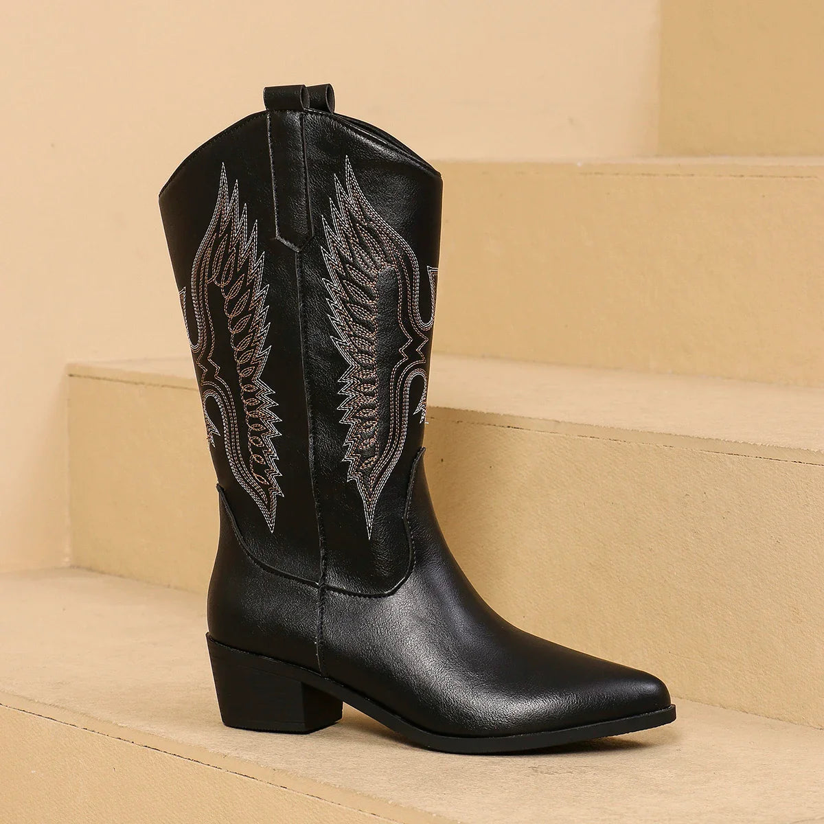 Fashion Pointy Toe Embroidered Mid-Calf Western Boots Black