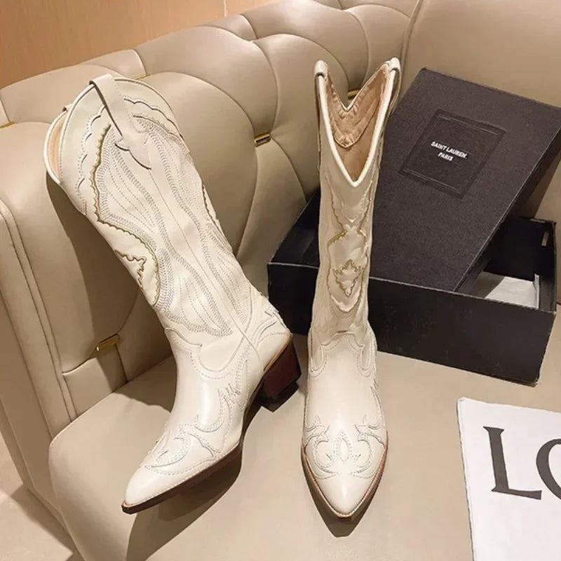 Vintage Square Toe Embroidered Western Cowboy Boots with Side Zipper-MODAUTLET