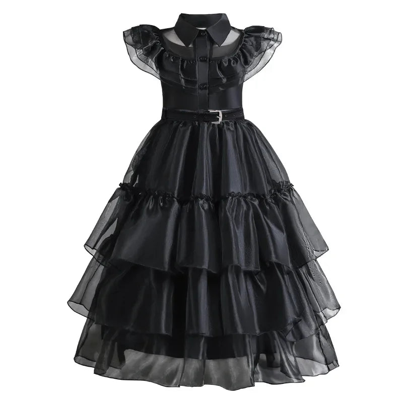 Halloween's Black Layered Cake Gown for Girls with Mesh Details