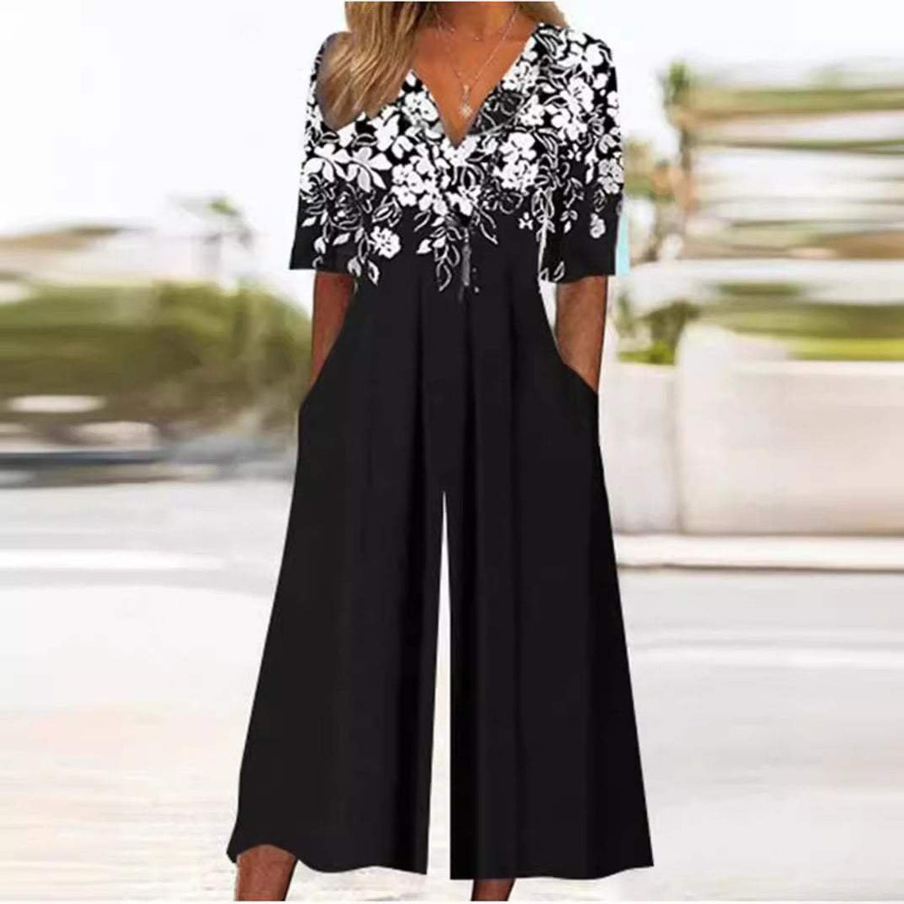 Scarlett | Women's Floral V-Neck Half-Sleeve Jumpsuit-MODAUTLET
