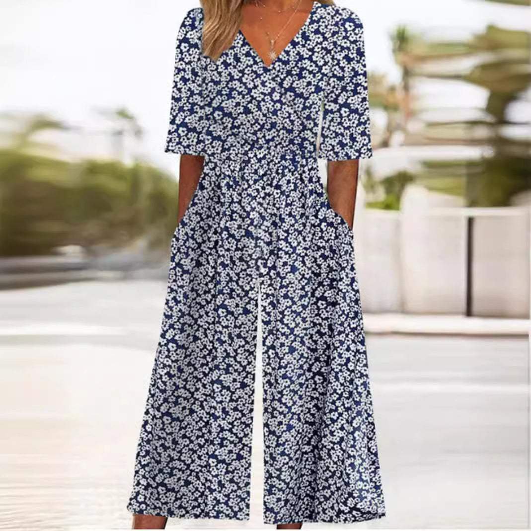 Scarlett | Women's Floral V-Neck Half-Sleeve Jumpsuit-MODAUTLET