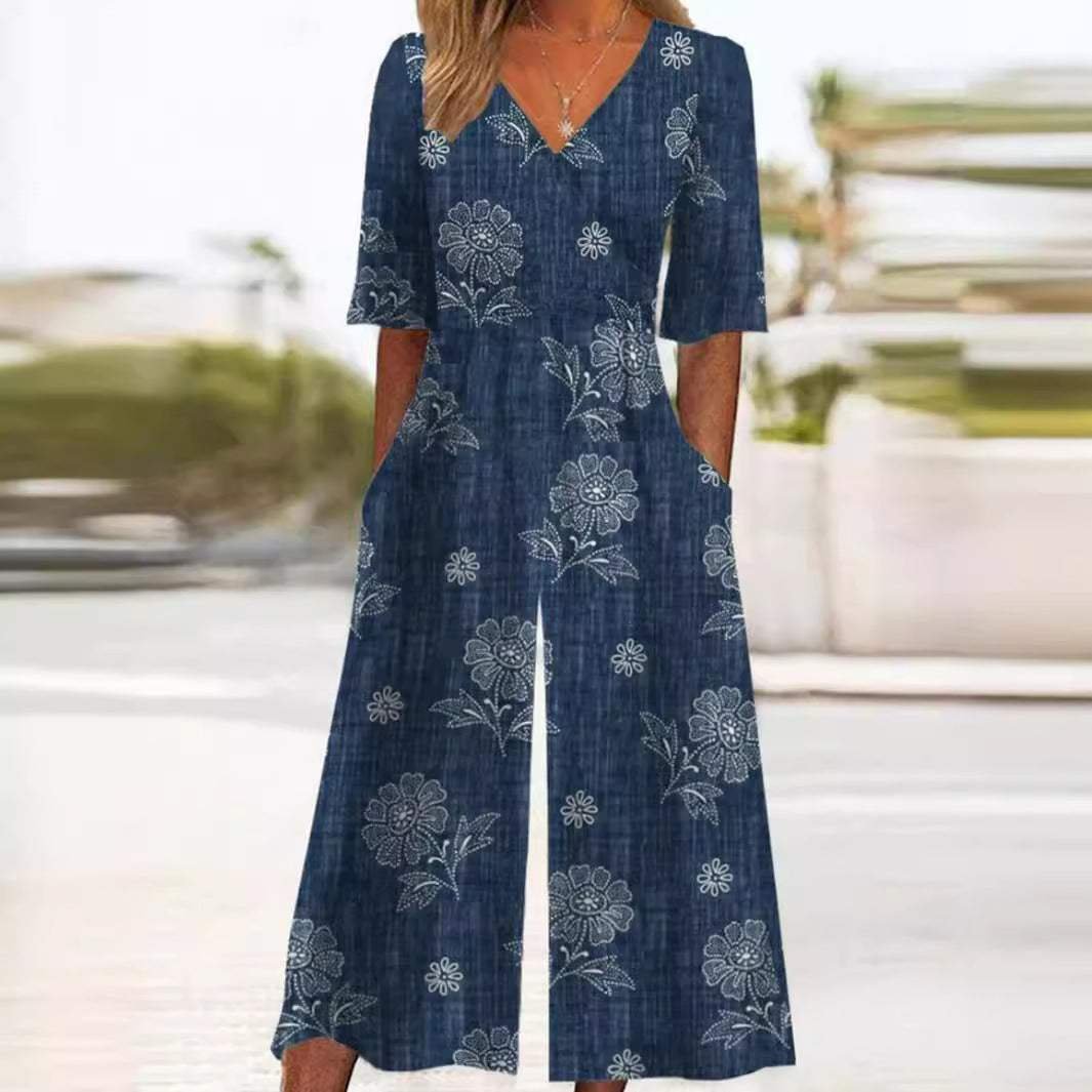 Scarlett | Women's Floral V-Neck Half-Sleeve Jumpsuit-MODAUTLET