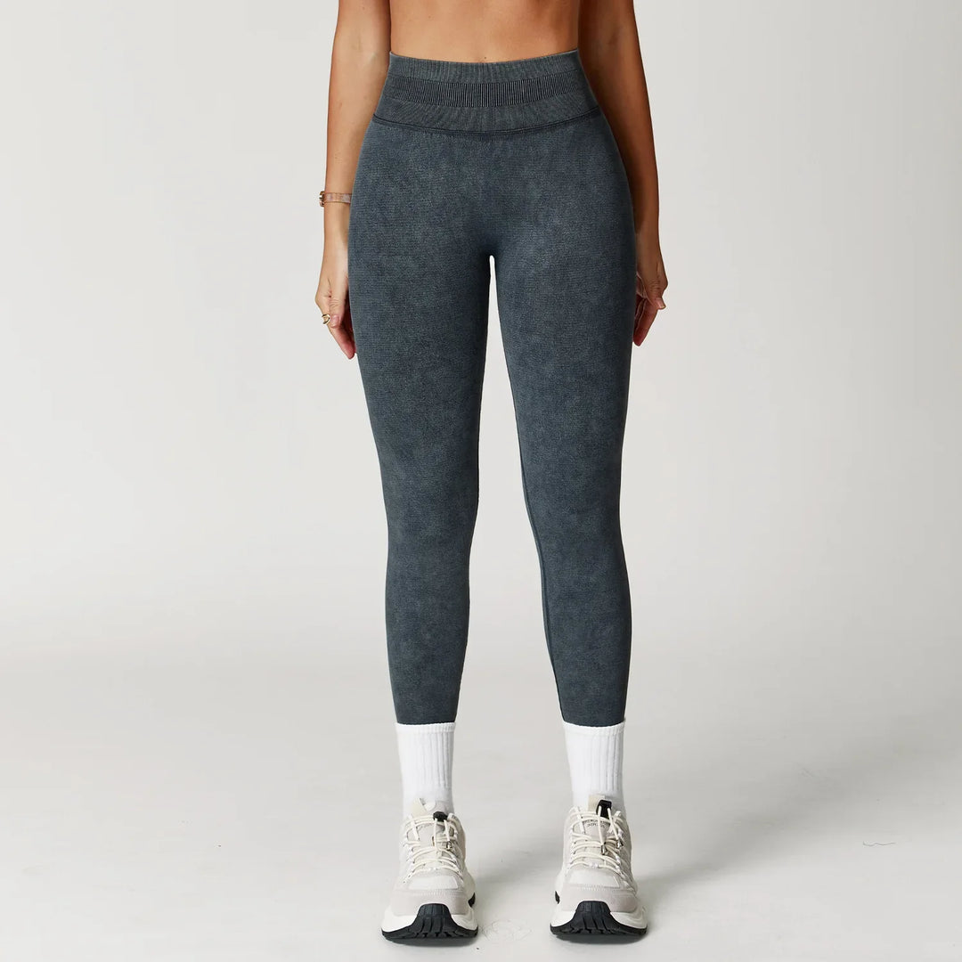 Women's High-Waist Seamless Sports Leggings, Ribbed Workout Pants Sand washing black