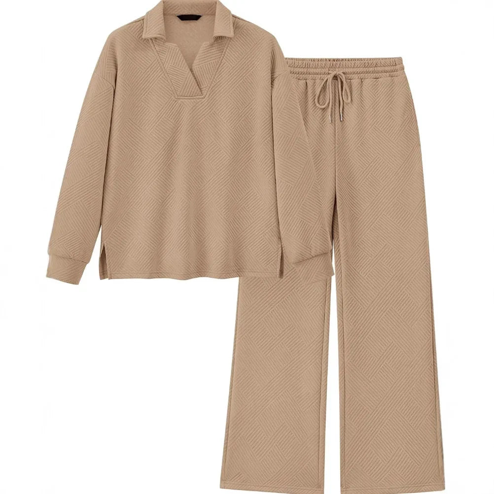 Mireya Textured V‑Neck Lounge Two‑Piece Set-MODAUTLET