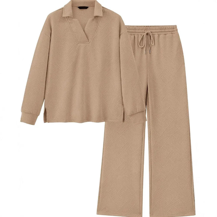 Mireya Textured V‑Neck Lounge Two‑Piece Set-MODAUTLET