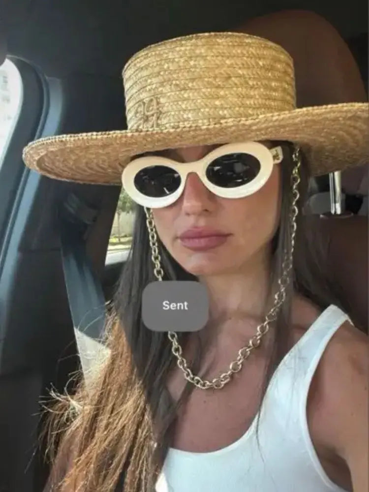 Elegant Handmade Straw Sun Hat With Metal Chain For Women