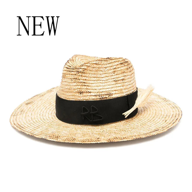 Elegant Handmade Straw Sun Hat With Metal Chain For Women style 3 54-58cm